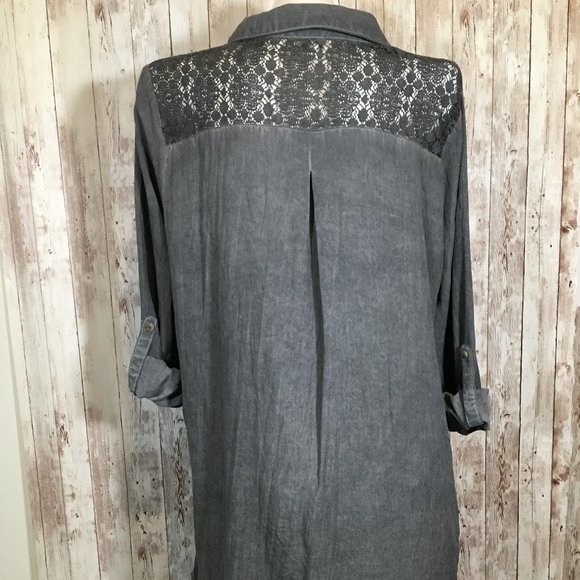 Umgee Tunic Top Shirt Blouse Lace Roll Tab Sleeves - Picture 3 of 9